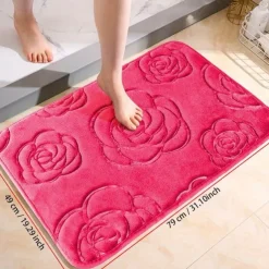 1pc Bath Rugs, Rose Flower Patterned Bathroom Bath Mat Flannel Non-slip Carpet Bathtub Floor Rug Shower Room Doormat Memory Foam Mat Washable Carpet