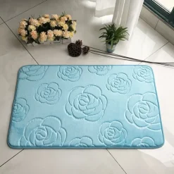 1pc Bath Rugs, Rose Flower Patterned Bathroom Bath Mat Flannel Non-slip Carpet Bathtub Floor Rug Shower Room Doormat Memory Foam Mat Washable Carpet
