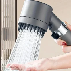 1pc Black Pressurized Handheld Shower Head, 3 Modes Adjustable Water Output Shower Head, Round Massage Shower Head, Bathroom Hardware, Bathroom Accessories