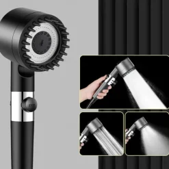 1pc Black Pressurized Handheld Shower Head, 3 Modes Adjustable Water Output Shower Head, Round Massage Shower Head, Bathroom Hardware, Bathroom Accessories