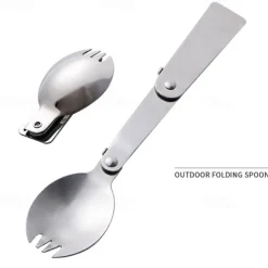 1Pc Camping Outdoor Stainless Steel Folding Spoon, Compact, Lightweight, Durable, Ideal for Hiking, Backpacking, and Camping, Easy to Carry and Use