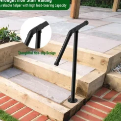 1pc Cast Iron Stair Handrail Kit, Outdoor Vertical Metal Rail, Varnished Finish, with Surface Mount for Exterior Staircase Safety