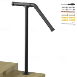 1pc Cast Iron Stair Handrail Kit, Outdoor Vertical Metal Rail, Varnished Finish, with Surface Mount for Exterior Staircase Safety