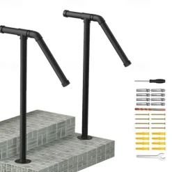 1pc Cast Iron Stair Handrail Kit, Outdoor Vertical Metal Rail, Varnished Finish, with Surface Mount for Exterior Staircase Safety