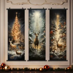 1pc Christmas Poster with Hangers Courtyard Christmas Deer And Colorful Christmas Tree Wall Art Canvas Posters Art For Home Living Room Decoration Wall Art Decor