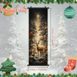 1pc Christmas Poster with Hangers Courtyard Christmas Deer And Colorful Christmas Tree Wall Art Canvas Posters Art For Home Living Room Decoration Wall Art Decor