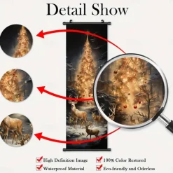 1pc Christmas Poster with Hangers Courtyard Christmas Deer And Colorful Christmas Tree Wall Art Canvas Posters Art For Home Living Room Decoration Wall Art Decor