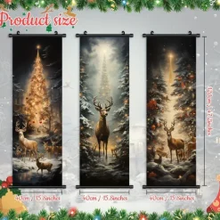 1pc Christmas Poster with Hangers Courtyard Christmas Deer And Colorful Christmas Tree Wall Art Canvas Posters Art For Home Living Room Decoration Wall Art Decor