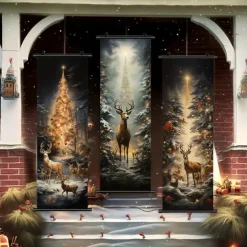 1pc Christmas Poster with Hangers Courtyard Christmas Deer And Colorful Christmas Tree Wall Art Canvas Posters Art For Home Living Room Decoration Wall Art Decor