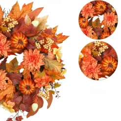 1pc, Classic Autumn Harvest Wreath for Front Door - Vibrant Faux Pumpkin, Maple Leaves & Pinecones, Perfect for Halloween & Thanksgiving Decor, Easy-to-Hang, No Power Required, Fall Decorations