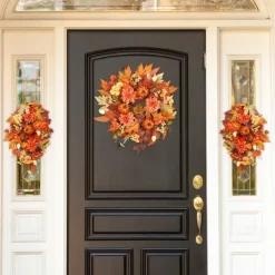 1pc, Classic Autumn Harvest Wreath for Front Door - Vibrant Faux Pumpkin, Maple Leaves & Pinecones, Perfect for Halloween & Thanksgiving Decor, Easy-to-Hang, No Power Required, Fall Decorations