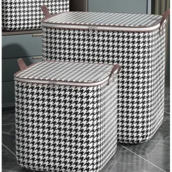 1pc Clothes Storage Bag, Houndstooth Pattern Foldable Fabric Storage Bag, Large Capacity Waterproof Moisture-proof Cotton Quilt Storage Bag, Home Organization And Storage