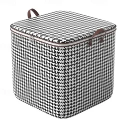 1pc Clothes Storage Bag, Houndstooth Pattern Foldable Fabric Storage Bag, Large Capacity Waterproof Moisture-proof Cotton Quilt Storage Bag, Home Organization And Storage