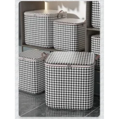 1pc Clothes Storage Bag, Houndstooth Pattern Foldable Fabric Storage Bag, Large Capacity Waterproof Moisture-proof Cotton Quilt Storage Bag, Home Organization And Storage