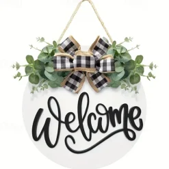 1pc Crafting 12 Inches Welcome Sigh For Front Door Big Wooden Wreath Welcome Wreath Farmhouse Front Door Decoration Housewarming Gift for Home Outdoor Indoor