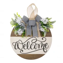 1pc Crafting 12 Inches Welcome Sigh For Front Door Big Wooden Wreath Welcome Wreath Farmhouse Front Door Decoration Housewarming Gift for Home Outdoor Indoor