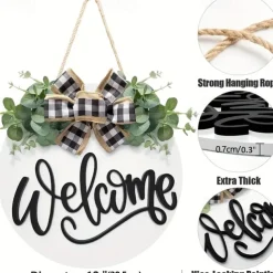 1pc Crafting 12 Inches Welcome Sigh For Front Door Big Wooden Wreath Welcome Wreath Farmhouse Front Door Decoration Housewarming Gift for Home Outdoor Indoor