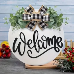 1pc Crafting 12 Inches Welcome Sigh For Front Door Big Wooden Wreath Welcome Wreath Farmhouse Front Door Decoration Housewarming Gift for Home Outdoor Indoor