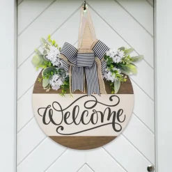 1pc Crafting 12 Inches Welcome Sigh For Front Door Big Wooden Wreath Welcome Wreath Farmhouse Front Door Decoration Housewarming Gift for Home Outdoor Indoor
