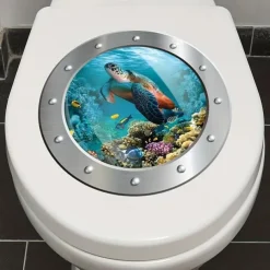 1pc 3D Turtle Toilet Sticker, Undersea Fake Submarine Window Pattern, Self-Adhesive Toilet Lid Decals
