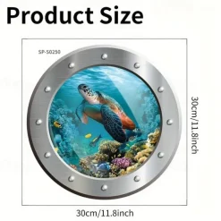 1pc 3D Turtle Toilet Sticker, Undersea Fake Submarine Window Pattern, Self-Adhesive Toilet Lid Decals