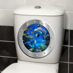 1pc 3D Turtle Toilet Sticker, Undersea Fake Submarine Window Pattern, Self-Adhesive Toilet Lid Decals