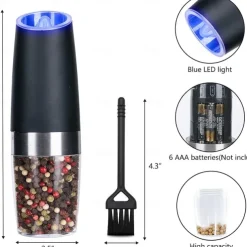 1pc Electric Salt and Pepper Grinder, Gravity Sensor, Automatic Pepper Mill, One Hand Operation, Battery-Operated with Adjustable Coarseness, Blue Led Light