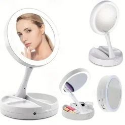 1pc Foldable Makeup Mirror With Led Light Storage Box Organizer, Double Sided 1X & 10X Magnifying Retractable Mirror For Table, Vanity, Cosmetic