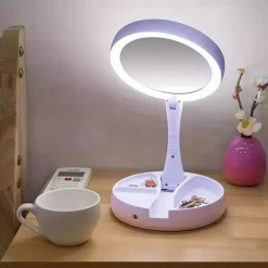 1pc Foldable Makeup Mirror With Led Light Storage Box Organizer, Double Sided 1X & 10X Magnifying Retractable Mirror For Table, Vanity, Cosmetic