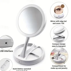1pc Foldable Makeup Mirror With Led Light Storage Box Organizer, Double Sided 1X & 10X Magnifying Retractable Mirror For Table, Vanity, Cosmetic