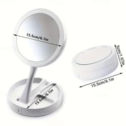 1pc Foldable Makeup Mirror With Led Light Storage Box Organizer, Double Sided 1X & 10X Magnifying Retractable Mirror For Table, Vanity, Cosmetic