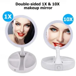 1pc Foldable Makeup Mirror With Led Light Storage Box Organizer, Double Sided 1X & 10X Magnifying Retractable Mirror For Table, Vanity, Cosmetic