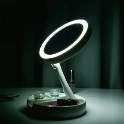 1pc Foldable Makeup Mirror With Led Light Storage Box Organizer, Double Sided 1X & 10X Magnifying Retractable Mirror For Table, Vanity, Cosmetic