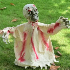 1pc Halloween Groundbreaker Zombie Lawn Stakes, Large Motion-Activated Sound Control Scary Props, Traditional Style, Plastic And Denim Material, Outdoor Spooky Decorations