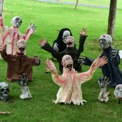 1pc Halloween Groundbreaker Zombie Lawn Stakes, Large Motion-Activated Sound Control Scary Props, Traditional Style, Plastic And Denim Material, Outdoor Spooky Decorations