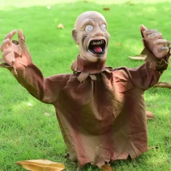 1pc Halloween Groundbreaker Zombie Lawn Stakes, Large Motion-Activated Sound Control Scary Props, Traditional Style, Plastic And Denim Material, Outdoor Spooky Decorations