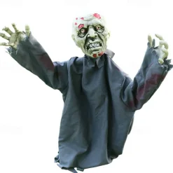 1pc Halloween Groundbreaker Zombie Lawn Stakes, Large Motion-Activated Sound Control Scary Props, Traditional Style, Plastic And Denim Material, Outdoor Spooky Decorations