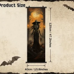 1pc Halloween Poster with Hangers Courtyard Skeleton Ghost Pumpkin Bat Party Witch Painting Lantern Enchantress Wall Art Canvas Posters Art For Home Living Room Decoration Wall Art Decor