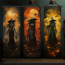 1pc Halloween Poster with Hangers Courtyard Skeleton Ghost Pumpkin Bat Party Witch Painting Lantern Enchantress Wall Art Canvas Posters Art For Home Living Room Decoration Wall Art Decor