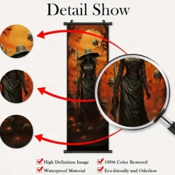 1pc Halloween Poster with Hangers Courtyard Skeleton Ghost Pumpkin Bat Party Witch Painting Lantern Enchantress Wall Art Canvas Posters Art For Home Living Room Decoration Wall Art Decor