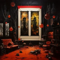 1pc Halloween Poster with Hangers Courtyard Skeleton Ghost Pumpkin Bat Party Witch Painting Lantern Enchantress Wall Art Canvas Posters Art For Home Living Room Decoration Wall Art Decor