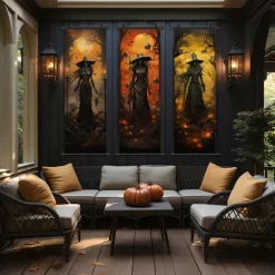 1pc Halloween Poster with Hangers Courtyard Skeleton Ghost Pumpkin Bat Party Witch Painting Lantern Enchantress Wall Art Canvas Posters Art For Home Living Room Decoration Wall Art Decor