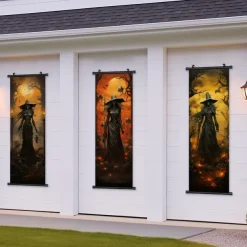 1pc Halloween Poster with Hangers Courtyard Skeleton Ghost Pumpkin Bat Party Witch Painting Lantern Enchantress Wall Art Canvas Posters Art For Home Living Room Decoration Wall Art Decor