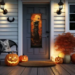 1pc Halloween Poster with Hangers Courtyard Skeleton Ghost Pumpkin Bat Party Witch Painting Lantern Enchantress Wall Art Canvas Posters Art For Home Living Room Decoration Wall Art Decor