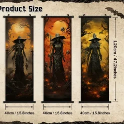 1pc Halloween Poster with Hangers Courtyard Skeleton Ghost Pumpkin Bat Party Witch Painting Lantern Enchantress Wall Art Canvas Posters Art For Home Living Room Decoration Wall Art Decor