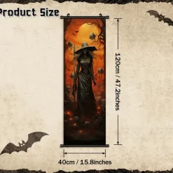 1pc Halloween Poster with Hangers Courtyard Skeleton Ghost Pumpkin Bat Party Witch Painting Lantern Enchantress Wall Art Canvas Posters Art For Home Living Room Decoration Wall Art Decor