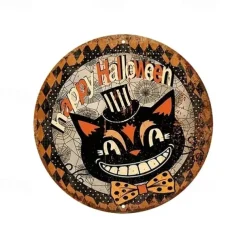 1pc Happy Halloween Quirky Black Cat Wreath Sign Round Decor For Home, Kitchen, Garden & Office