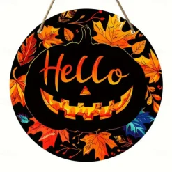 1pc Happy Halloween Quirky Black Cat Wreath Sign Round Decor For Home, Kitchen, Garden & Office