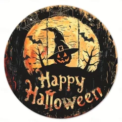 1pc Happy Halloween Quirky Black Cat Wreath Sign Round Decor For Home, Kitchen, Garden & Office