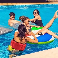 1pc Inflatable Swim Belt for Adults - Adjustable Buoyancy Waist Floatation Aid with Buckle & Rope, Red/Blue PVC Pool Training Device for Swimming Beginners & Experts, Portable for Pool, Lake, Ocean